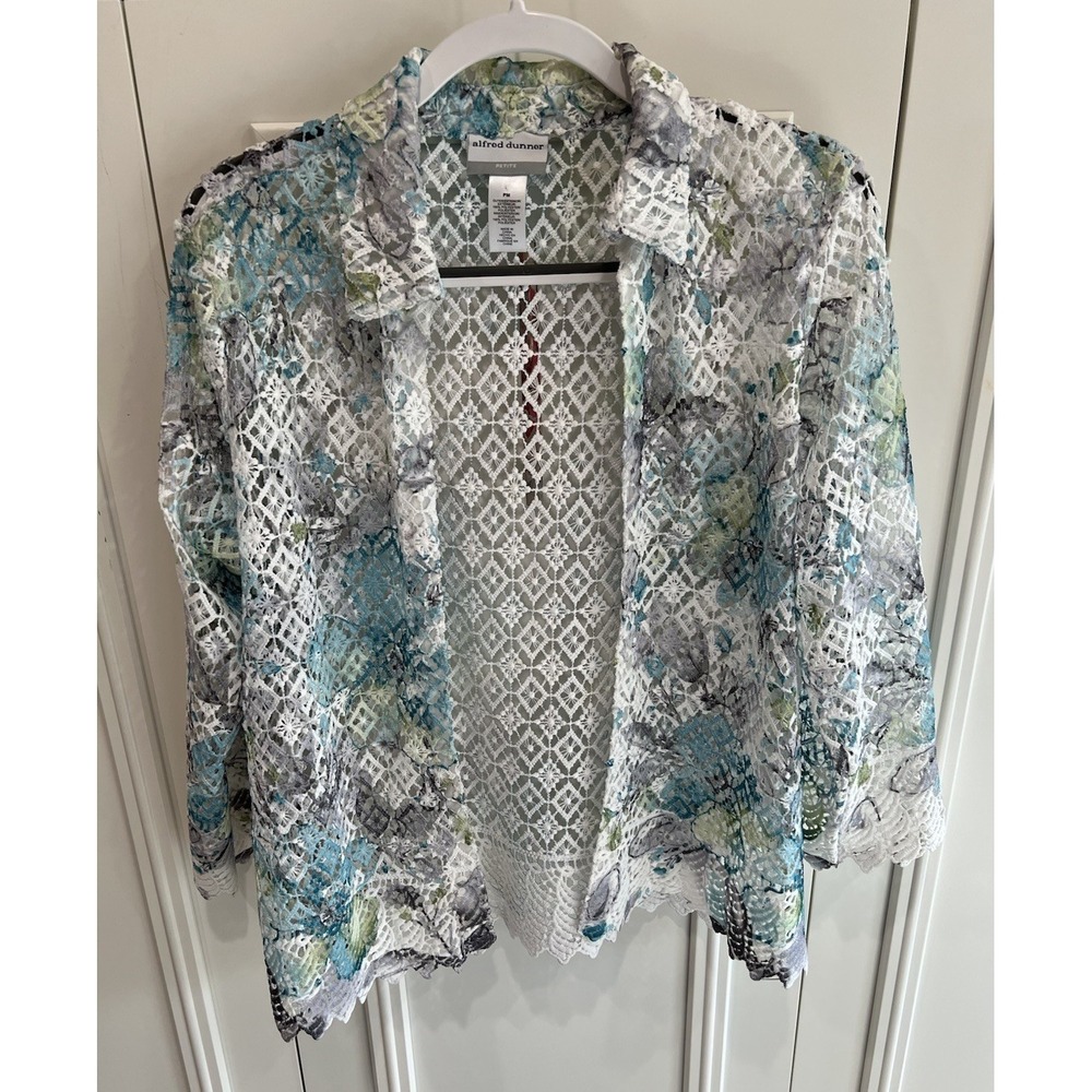 Alfred Dunner Floral Crochet Open Knit Shirt Jacket PM Grandma Cottagecore